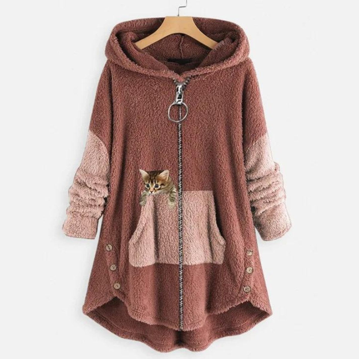 Elisabeth | Damen Plüsch Hoodie Pullover weicher Fleece-Reißverschluss-Sweatshirt mit Katzenmotiv