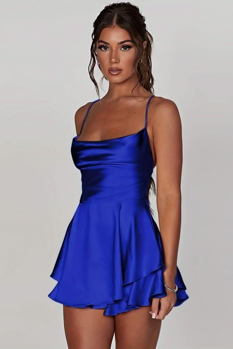 Marie | Damen Rückenfreies Minikleid Geraffter Taille Satin Cocktailkleid