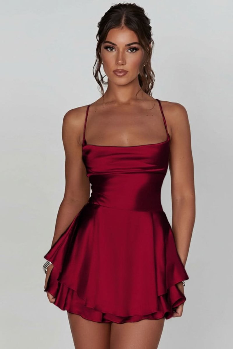 Marie | Damen Rückenfreies Minikleid Geraffter Taille Satin Cocktailkleid