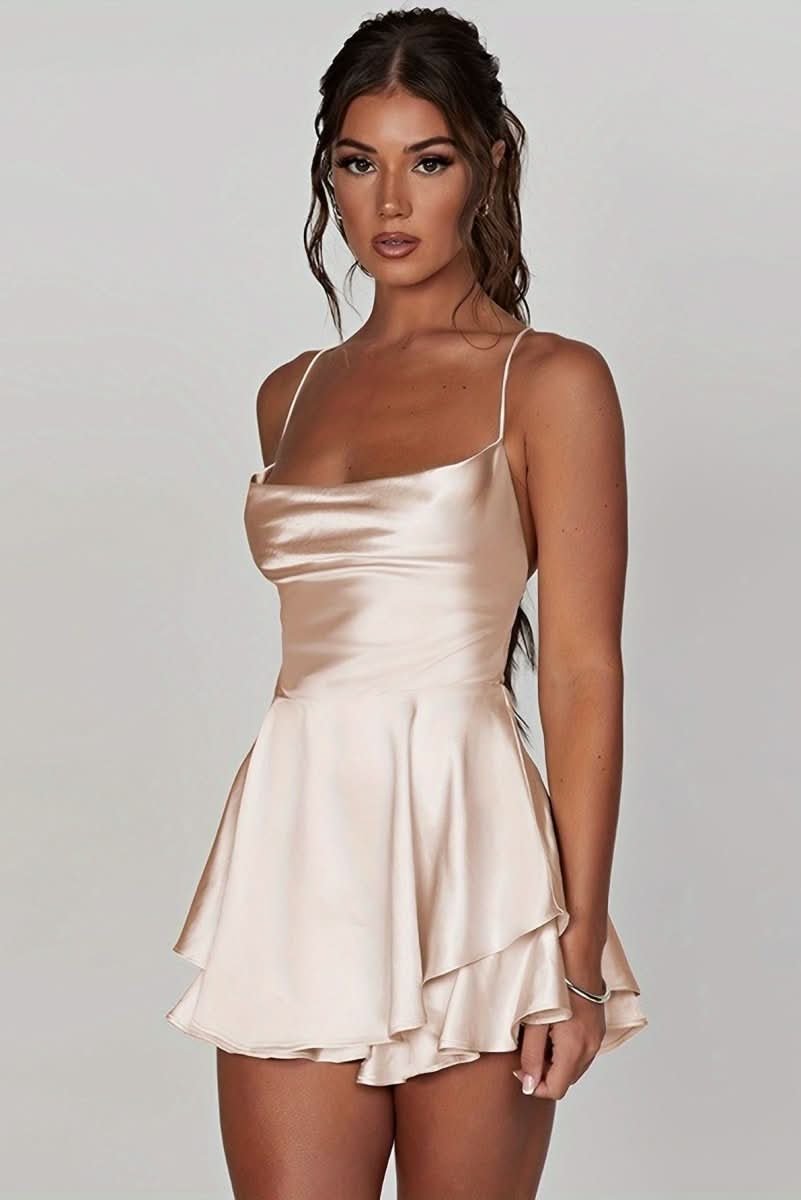 Marie | Damen Rückenfreies Minikleid Geraffter Taille Satin Cocktailkleid