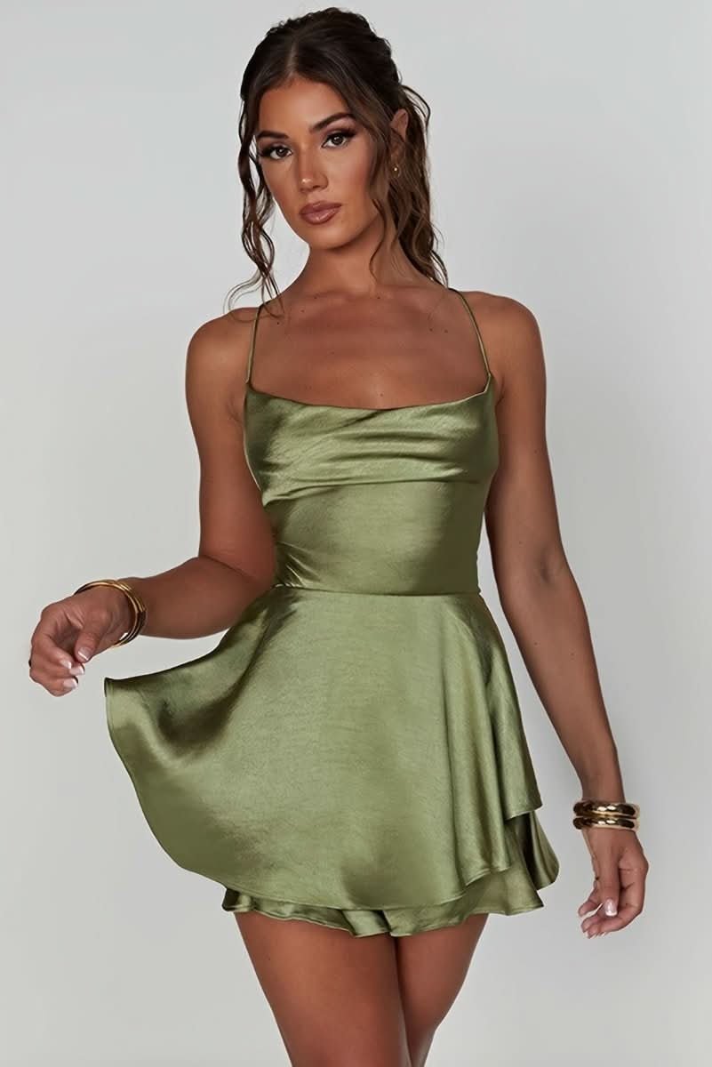 Marie | Damen Rückenfreies Minikleid Geraffter Taille Satin Cocktailkleid