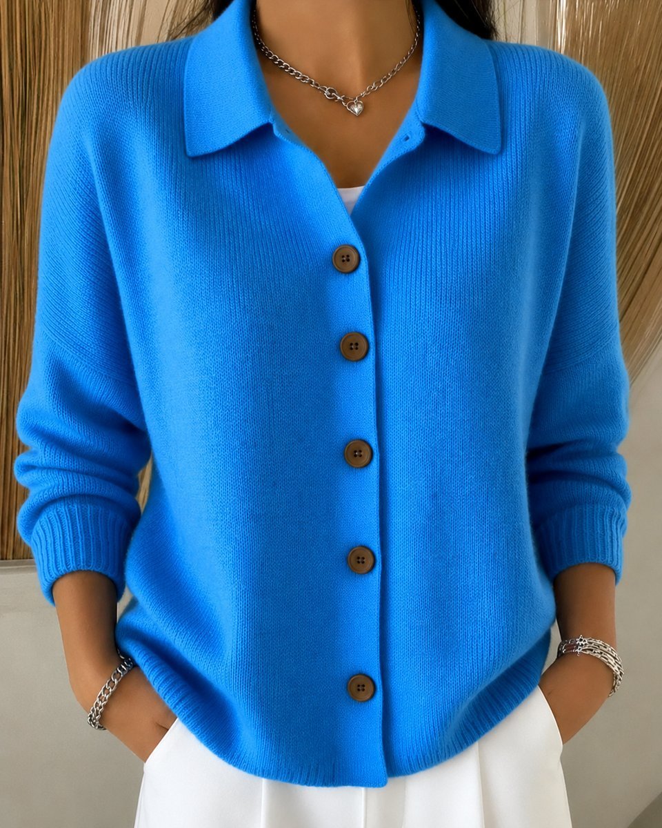 Leonie | Damen Relaxed-Fit Polokragen Strick-Cardigan mit Knopfleiste