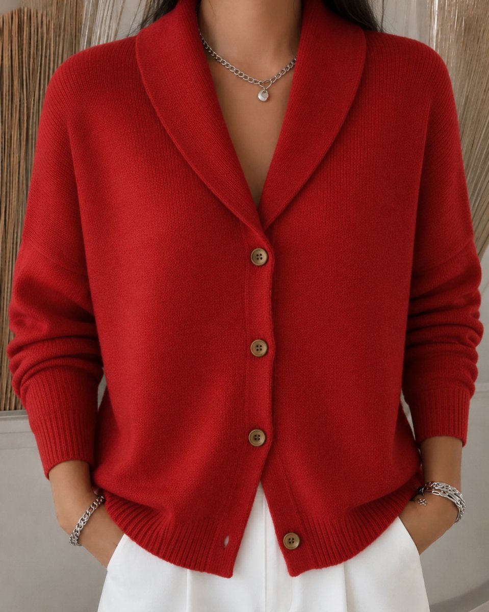 Leonie | Damen Relaxed-Fit Polokragen Strick-Cardigan mit Knopfleiste