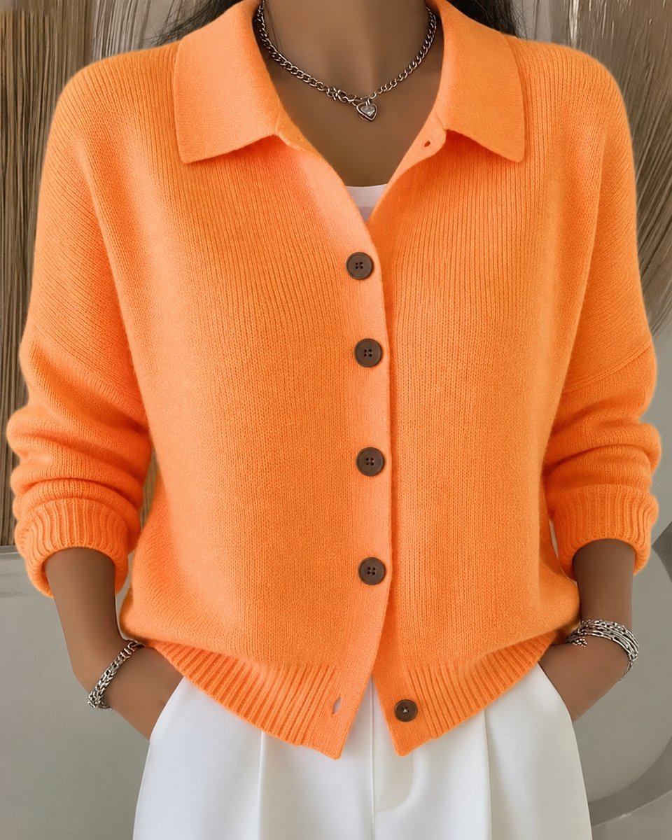 Leonie | Damen Relaxed-Fit Polokragen Strick-Cardigan mit Knopfleiste