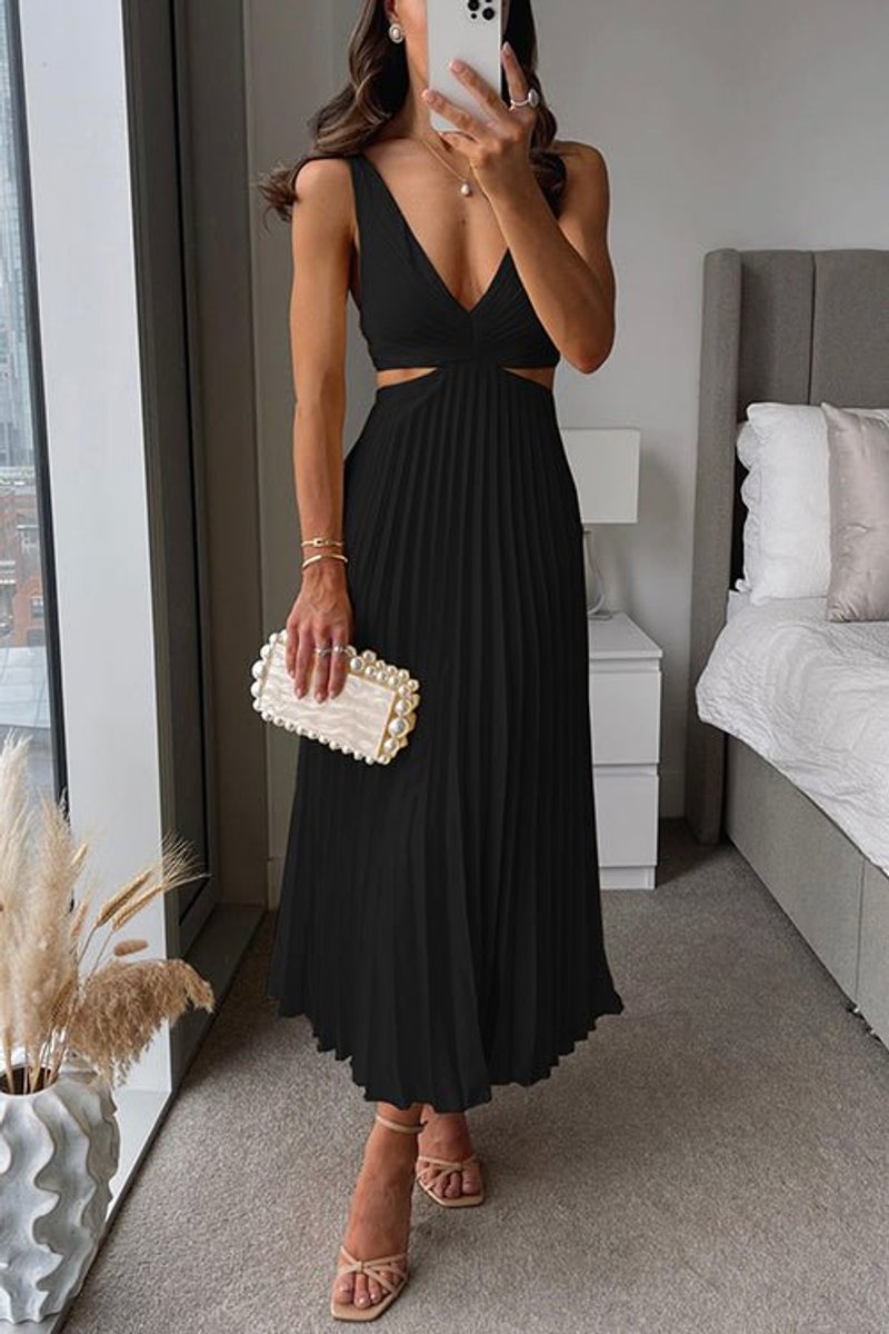 Johanna | Damen ärmelloses Cocktailkleid mit V-Ausschnitt plissierter Maxi-Schnitt