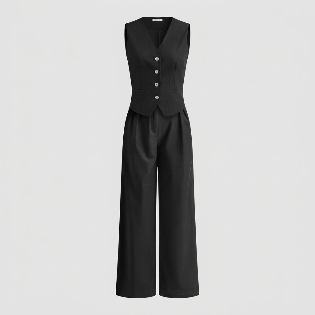 Damen-Set aus Weste mit Knopfleiste und Hose mit weitem Bein