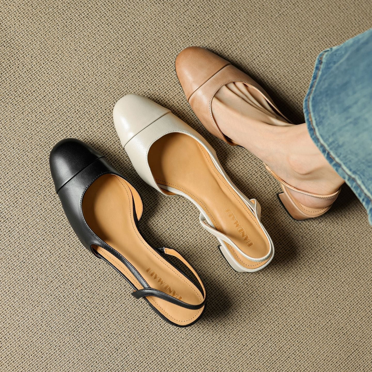 Lena | Damen Slingback Pumps Leder Mandelförmig Niedrig