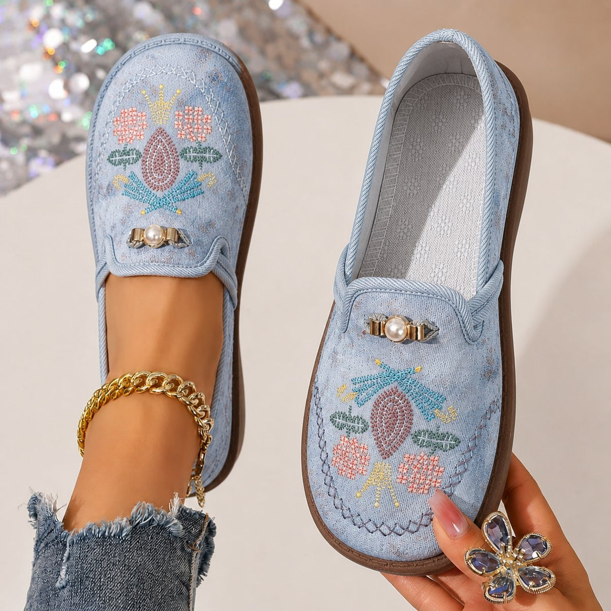 Marlene | Damen Slipper Blumenstickerei Perlendetails