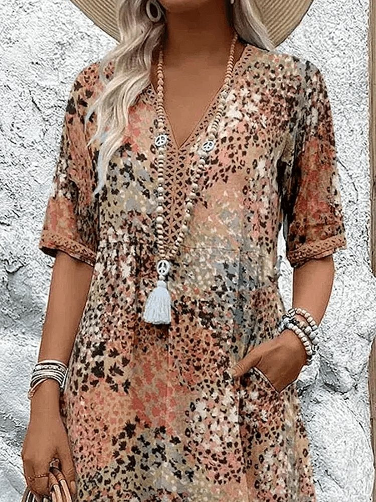 Lena | Damen Sommerkleid V-Ausschnitt Boho Stil Midi Länge