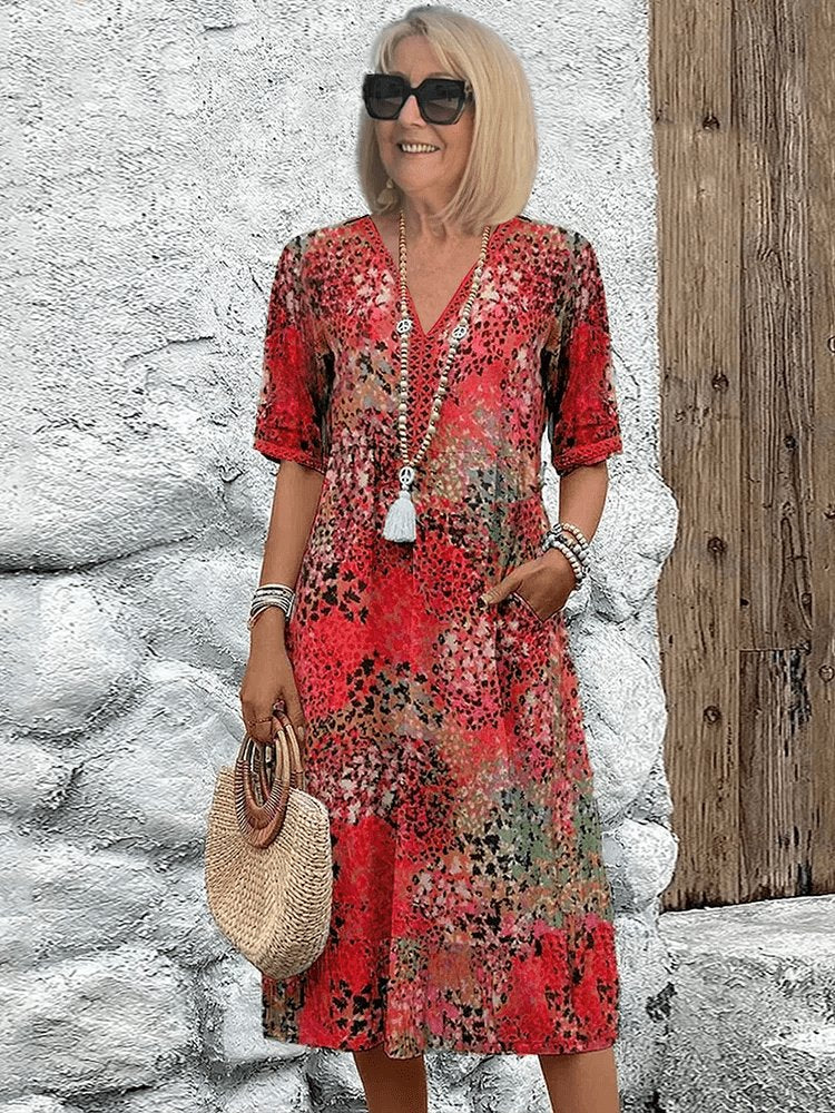 Lena | Damen Sommerkleid V-Ausschnitt Boho Stil Midi Länge