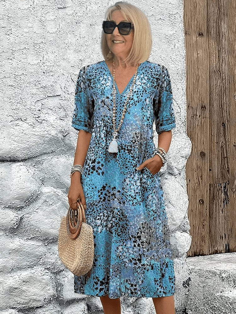Lena | Damen Sommerkleid V-Ausschnitt Boho Stil Midi Länge