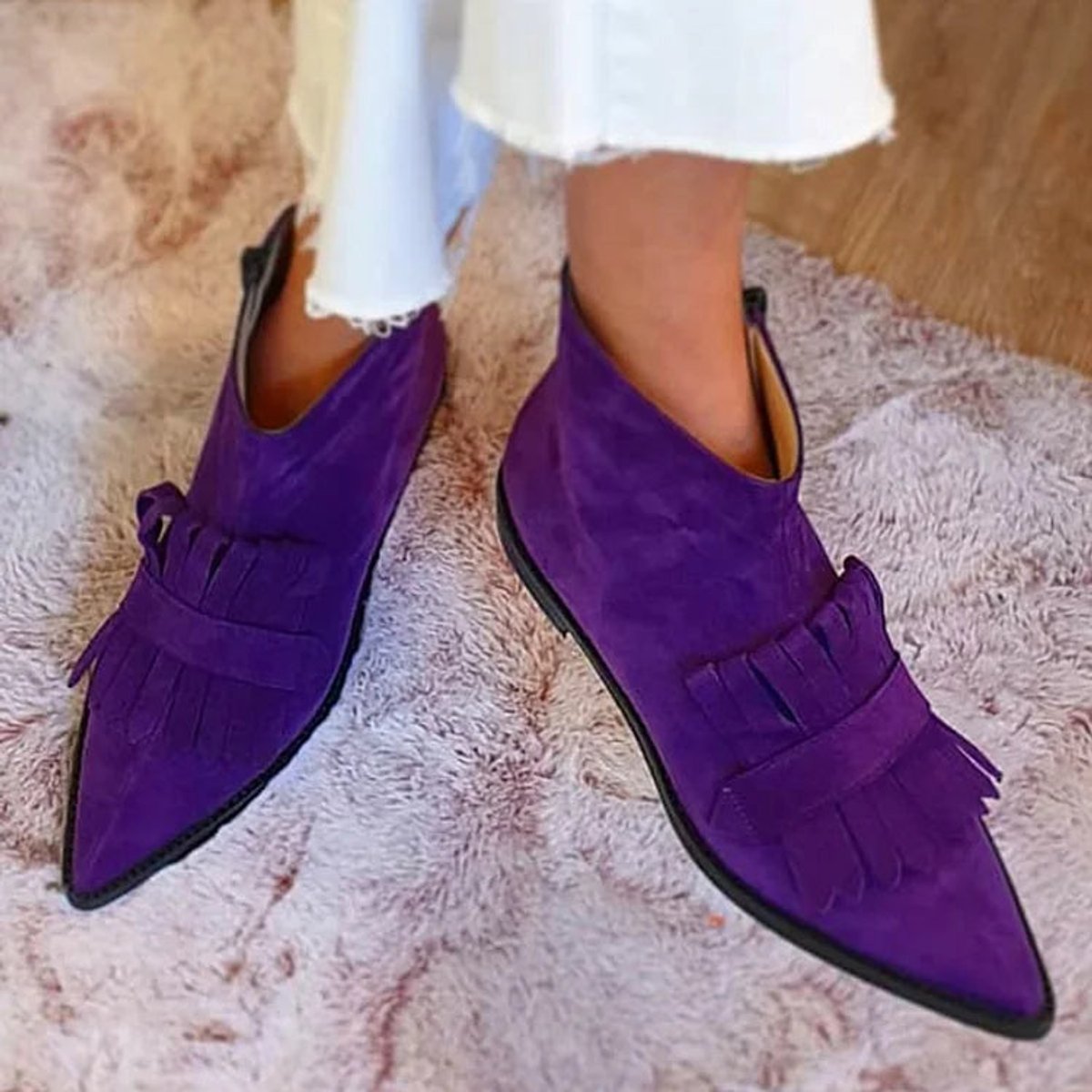 Marie | Damen Spitze Fransen Ankle Boots Lila Velours Mokassin-Stiefeletten