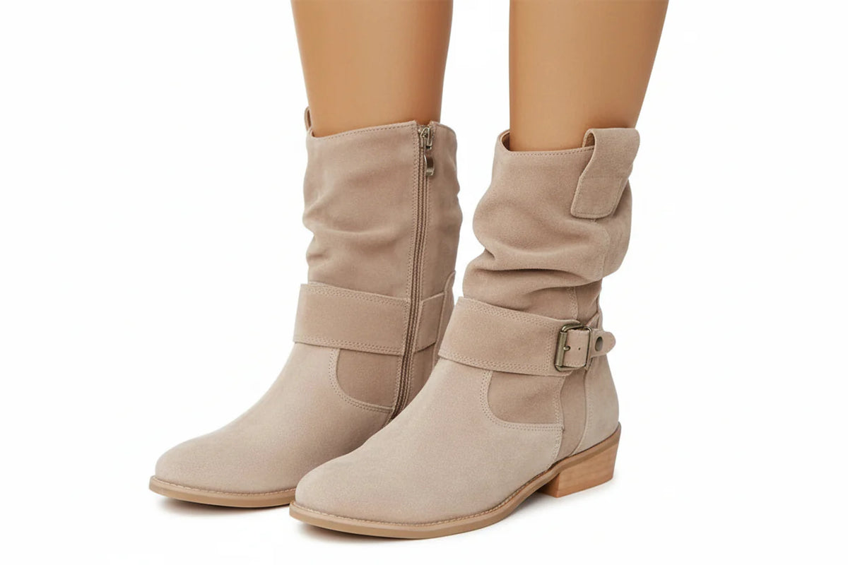 Damen Stiefel mit mittlerer Schafthöhe, Riemendetail und seitlichem Reißverschluss
