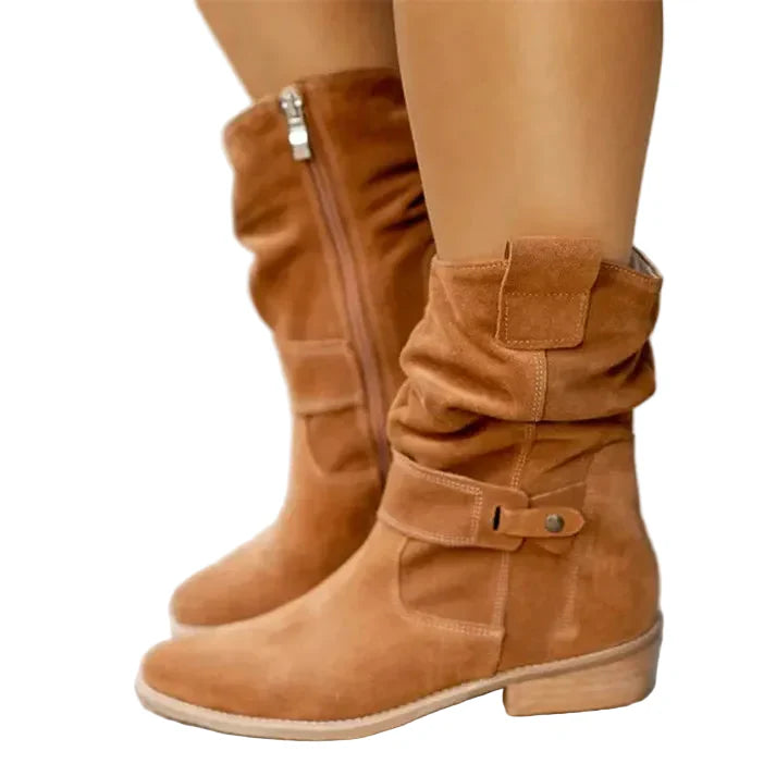 Damen Stiefel mit mittlerer Schafthöhe, Riemendetail und seitlichem Reißverschluss