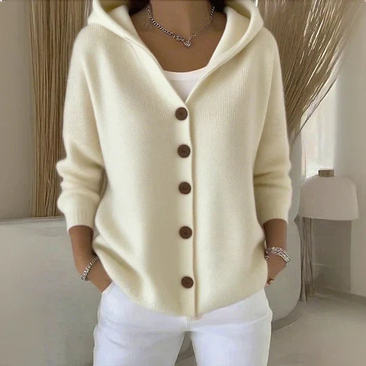 Annika | Damen Strick-Cardigan mit Kapuze Knopfleiste Relaxed Fit