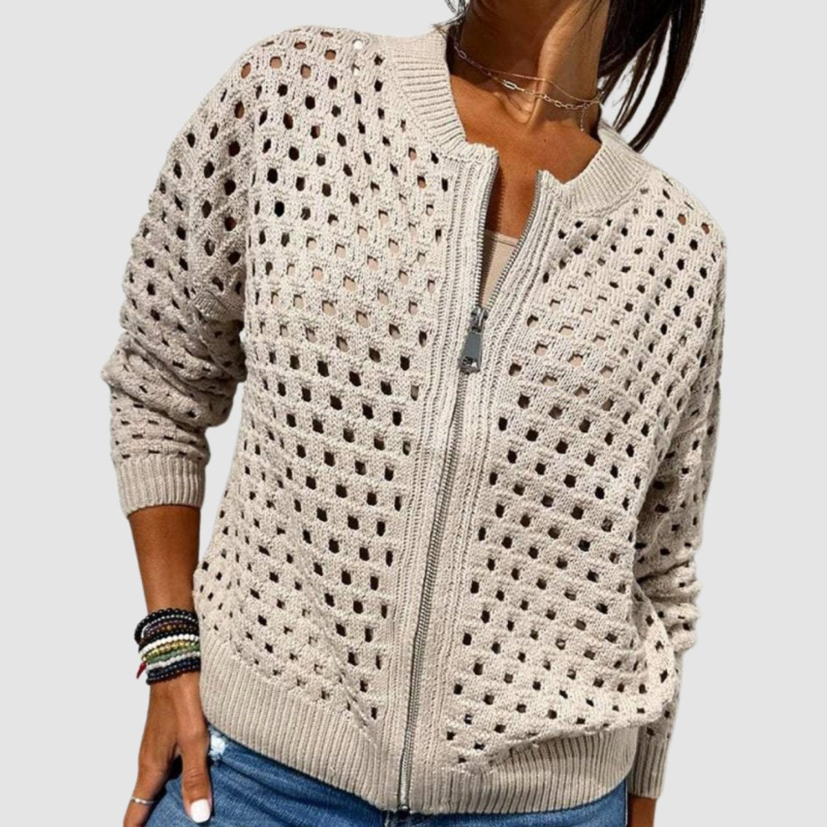 Elfriede | Damen Strick-Cardigan mit Lochmuster und Reißverschluss