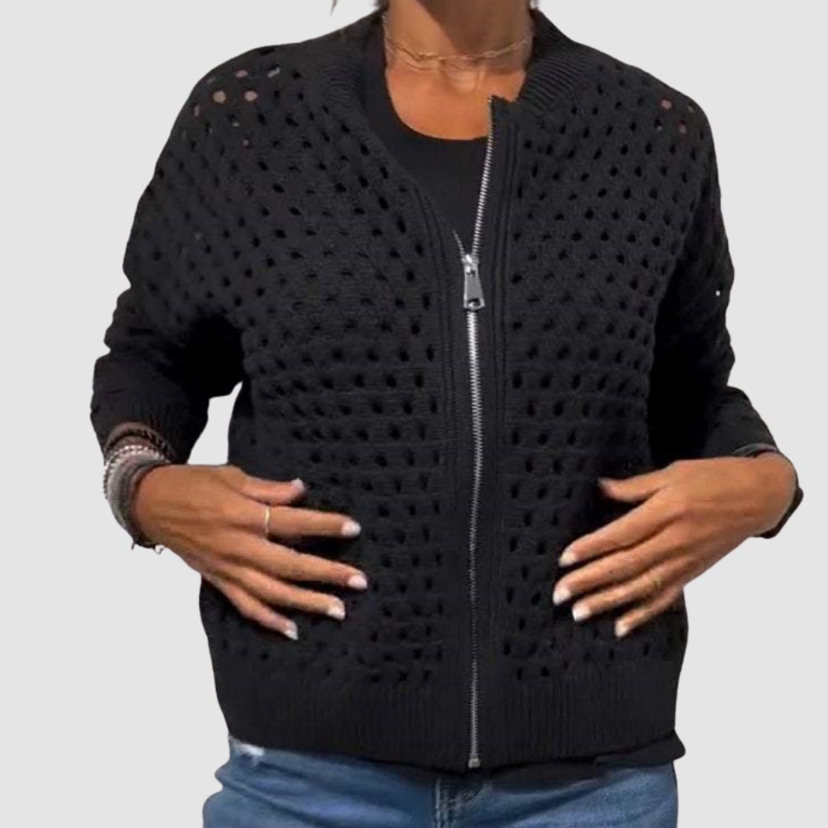 Elfriede | Damen Strick-Cardigan mit Lochmuster und Reißverschluss