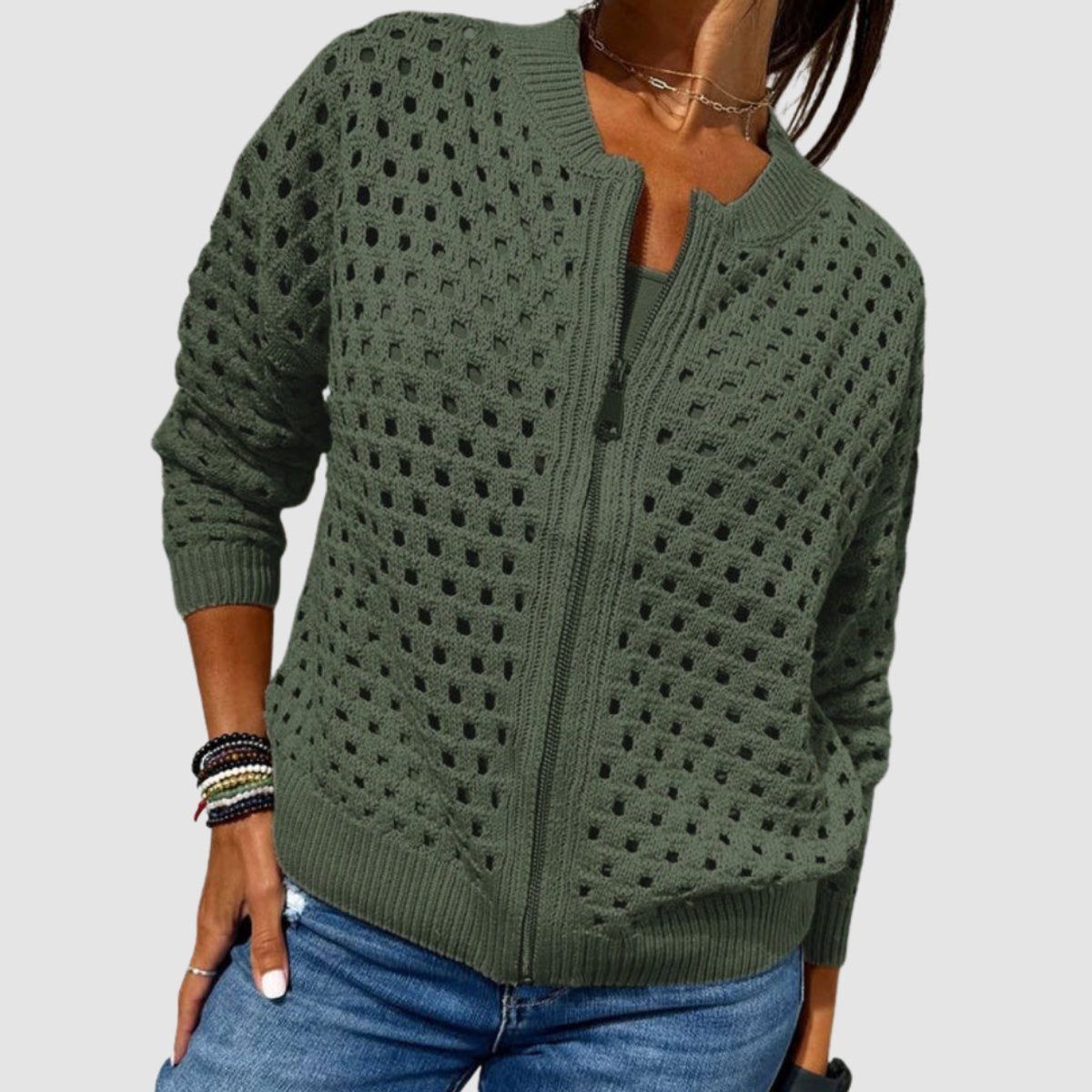 Elfriede | Damen Strick-Cardigan mit Lochmuster und Reißverschluss