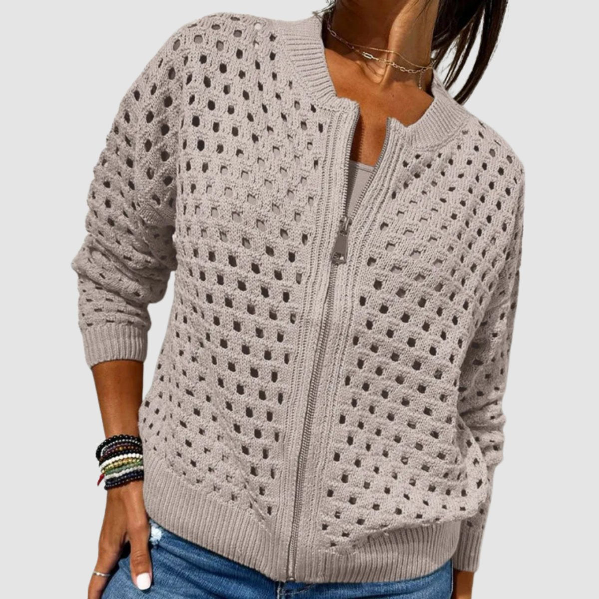 Elfriede | Damen Strick-Cardigan mit Lochmuster und Reißverschluss