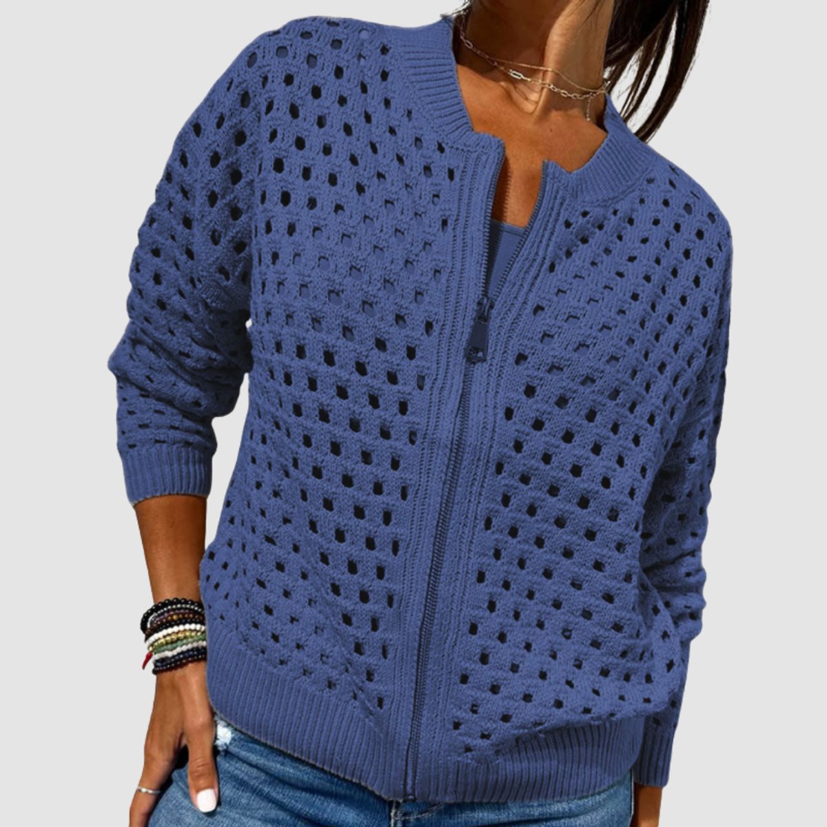 Elfriede | Damen Strick-Cardigan mit Lochmuster und Reißverschluss