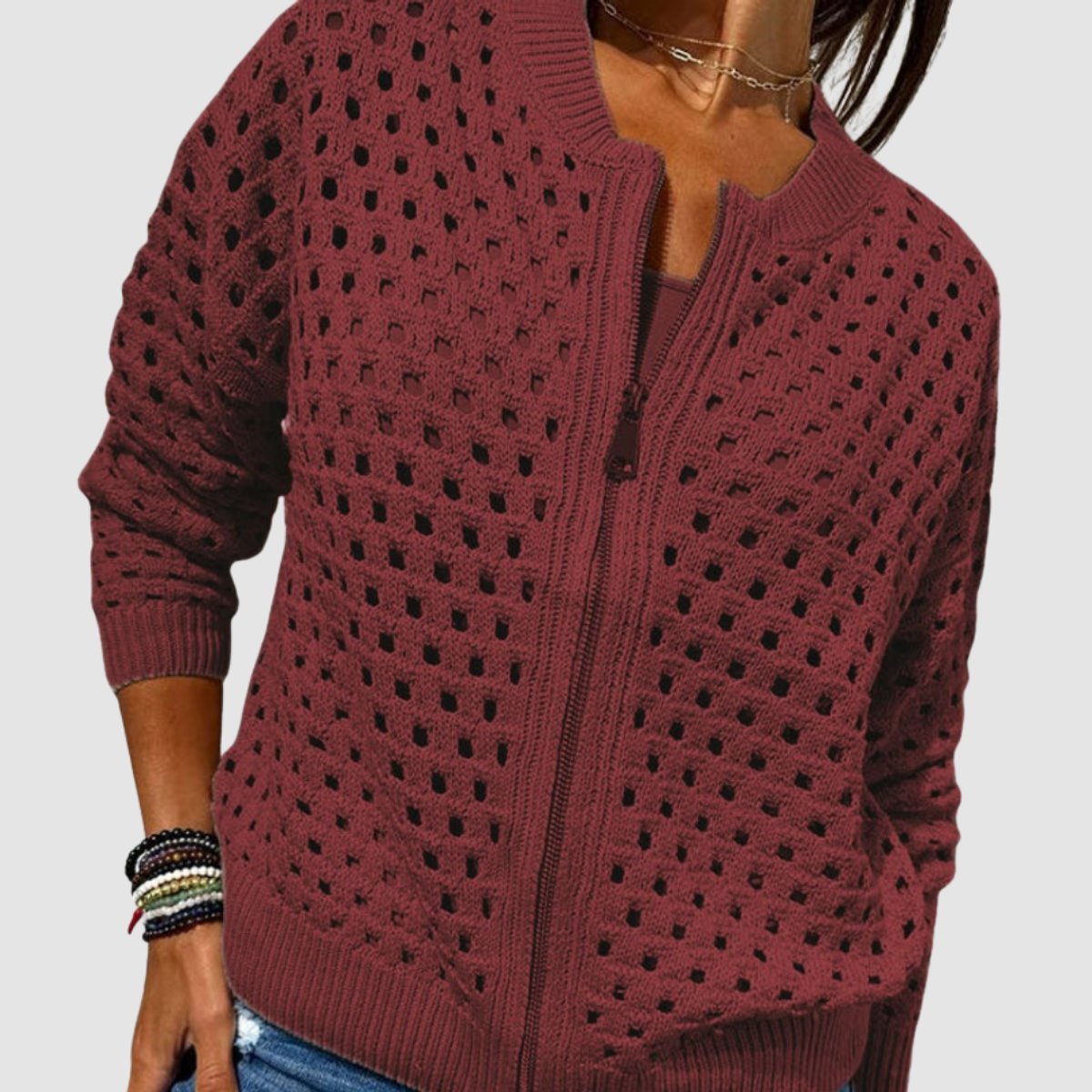 Elfriede | Damen Strick-Cardigan mit Lochmuster und Reißverschluss