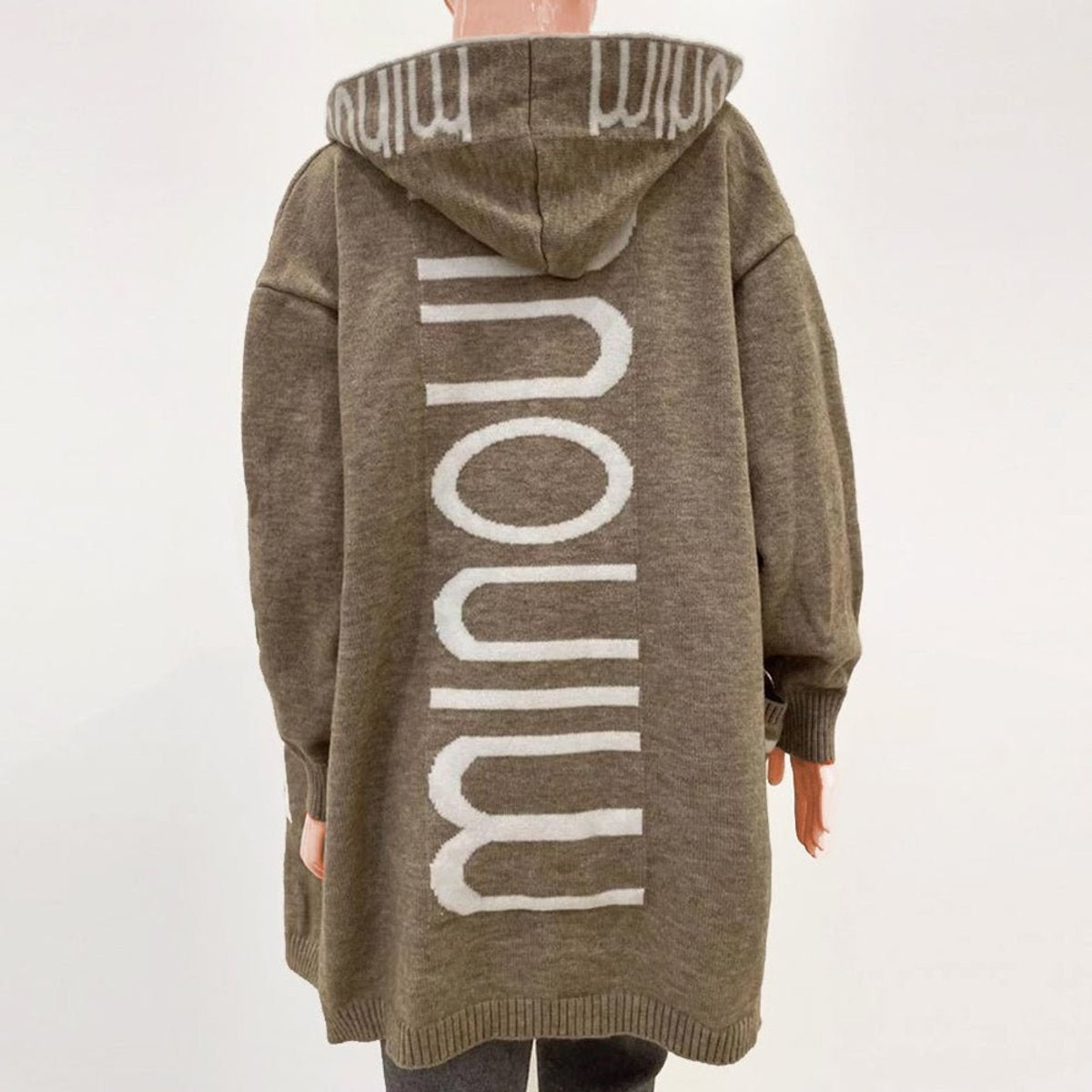Lena | Damen Strickjacke mit Kapuze Langarm Schriftzug Muster
