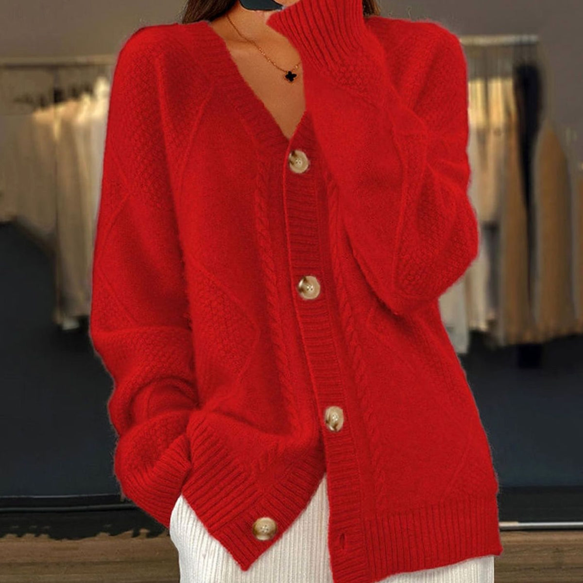 Johanna | Damen Strickjacke mit langen Ärmeln Zopfmuster V-Ausschnitt Cardigan