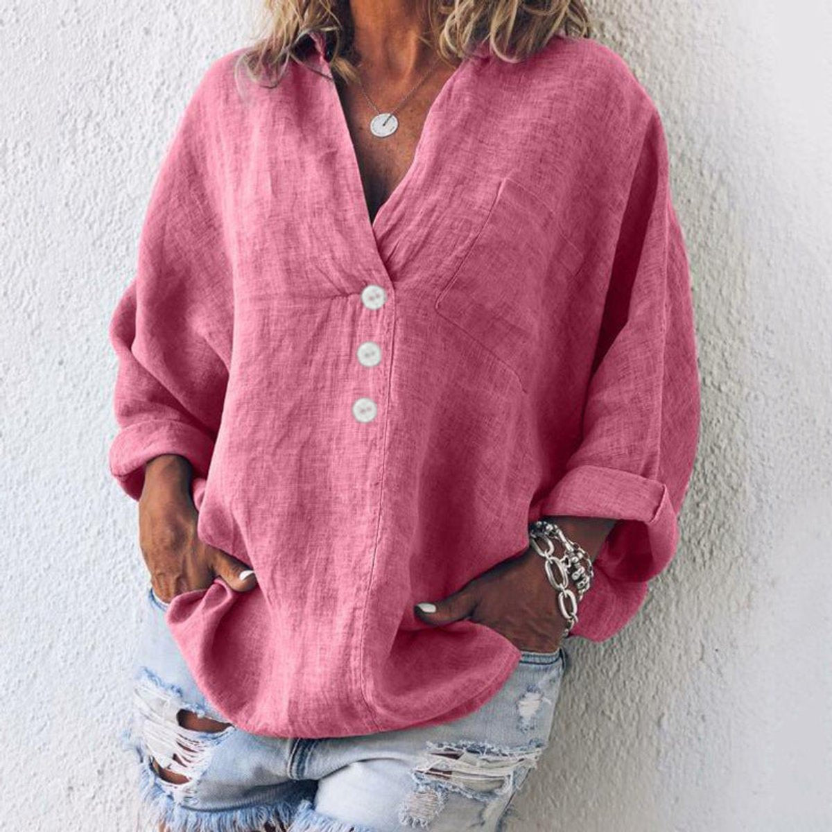 Luisa | Damen Sweater Lässige Baumwoll-Leinen Bluse V-Ausschnitt Langarm