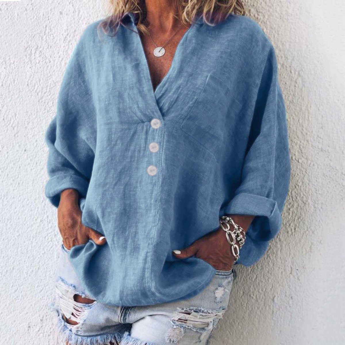 Luisa | Damen Sweater Lässige Baumwoll-Leinen Bluse V-Ausschnitt Langarm