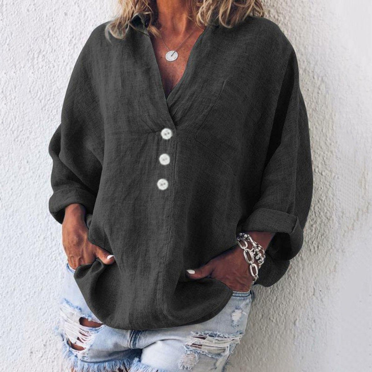 Luisa | Damen Sweater Lässige Baumwoll-Leinen Bluse V-Ausschnitt Langarm