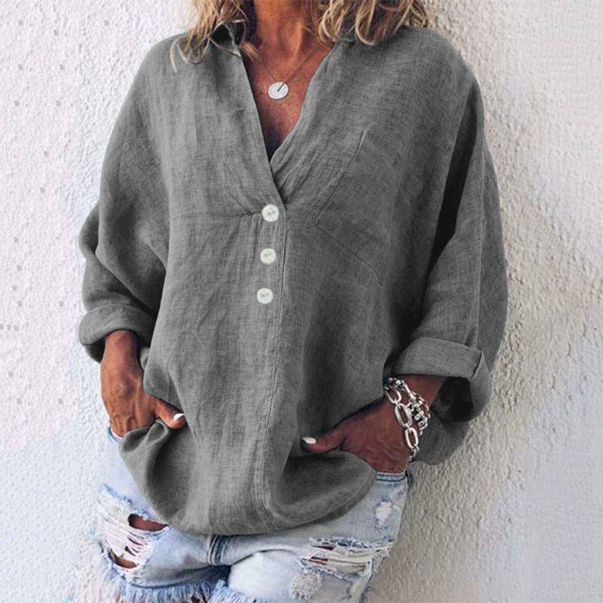 Luisa | Damen Sweater Lässige Baumwoll-Leinen Bluse V-Ausschnitt Langarm