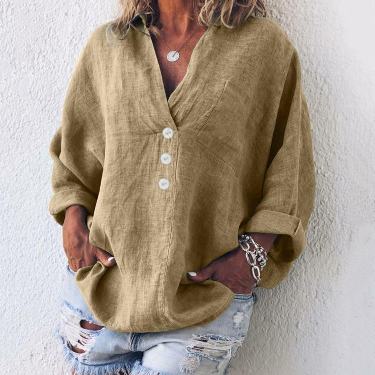 Luisa | Damen Sweater Lässige Baumwoll-Leinen Bluse V-Ausschnitt Langarm