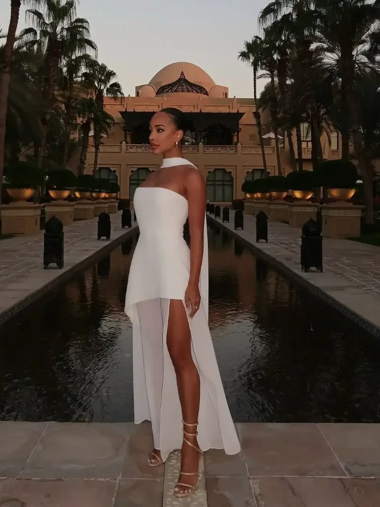 Damen trägerloses Maxikleid mit Halstuch-Element und Schlitzrock