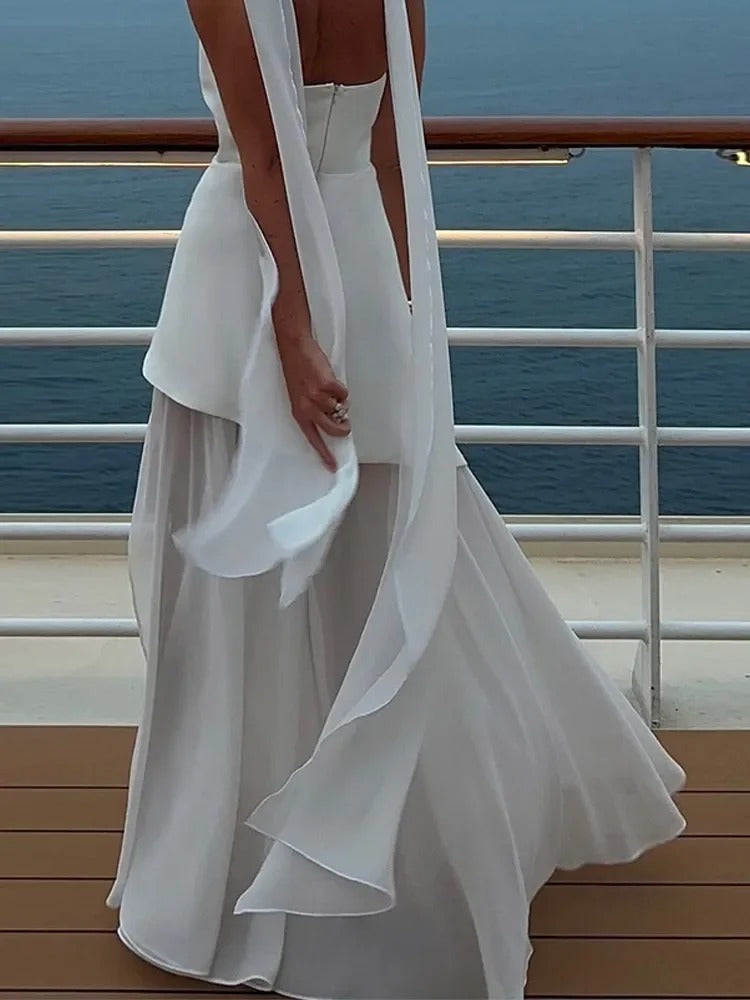 Damen trägerloses Maxikleid mit Halstuch-Element und Schlitzrock