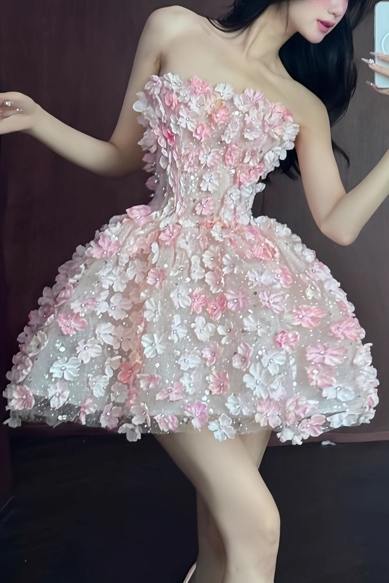 Charlotte | Damen Trägerloser 3D-Blumen Cocktailkleid Glitzer Minikleid