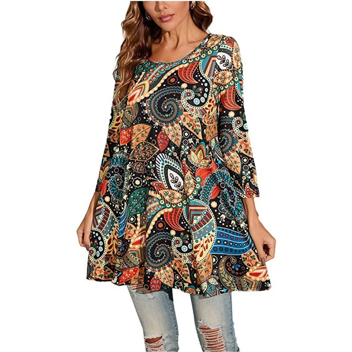 Elisabeth | Damen Tunika mit buntem Mandala-Druck 3/4-Arm ausgestellt