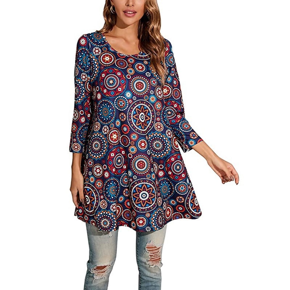 Elisabeth | Damen Tunika mit buntem Mandala-Druck 3/4-Arm ausgestellt