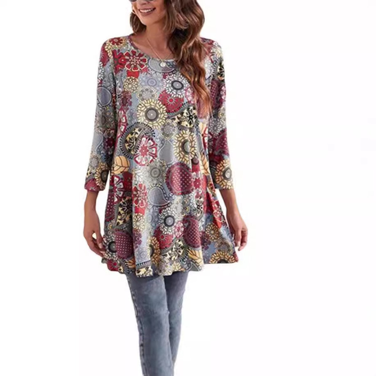 Elisabeth | Damen Tunika mit buntem Mandala-Druck 3/4-Arm ausgestellt
