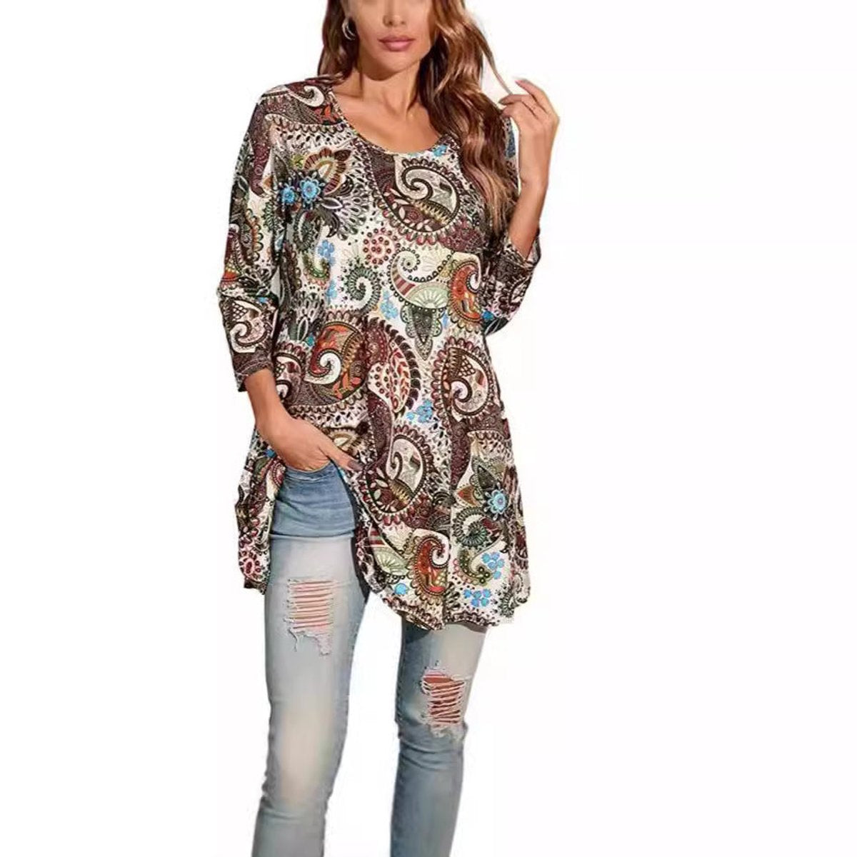 Elisabeth | Damen Tunika mit buntem Mandala-Druck 3/4-Arm ausgestellt