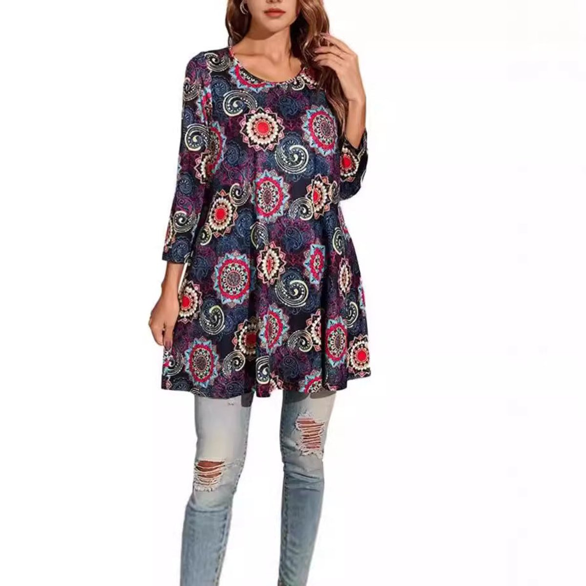 Elisabeth | Damen Tunika mit buntem Mandala-Druck 3/4-Arm ausgestellt