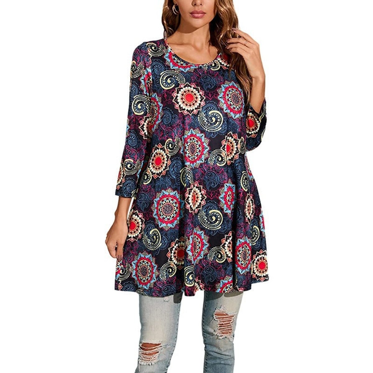 Elisabeth | Damen Tunika mit buntem Mandala-Druck 3/4-Arm ausgestellt
