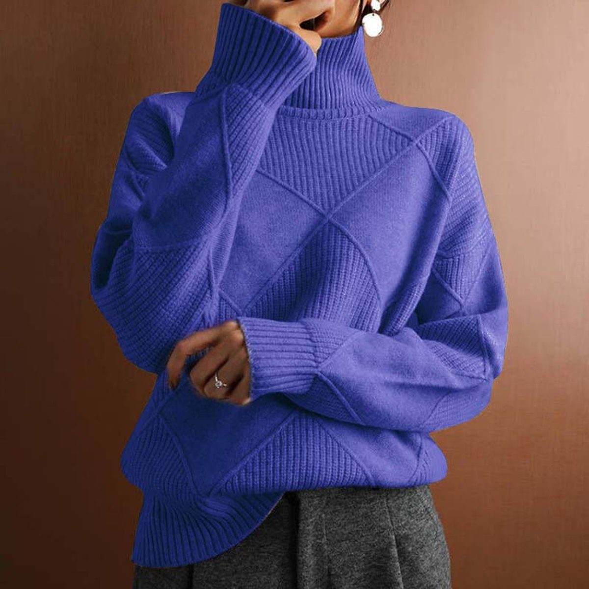 Lena | Damen Turtleneck Sweater Oversized Strickpullover mit Rautenmuster