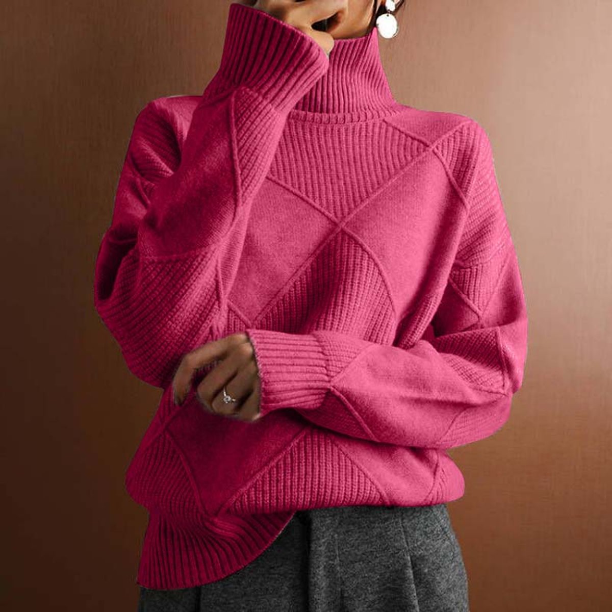 Lena | Damen Turtleneck Sweater Oversized Strickpullover mit Rautenmuster