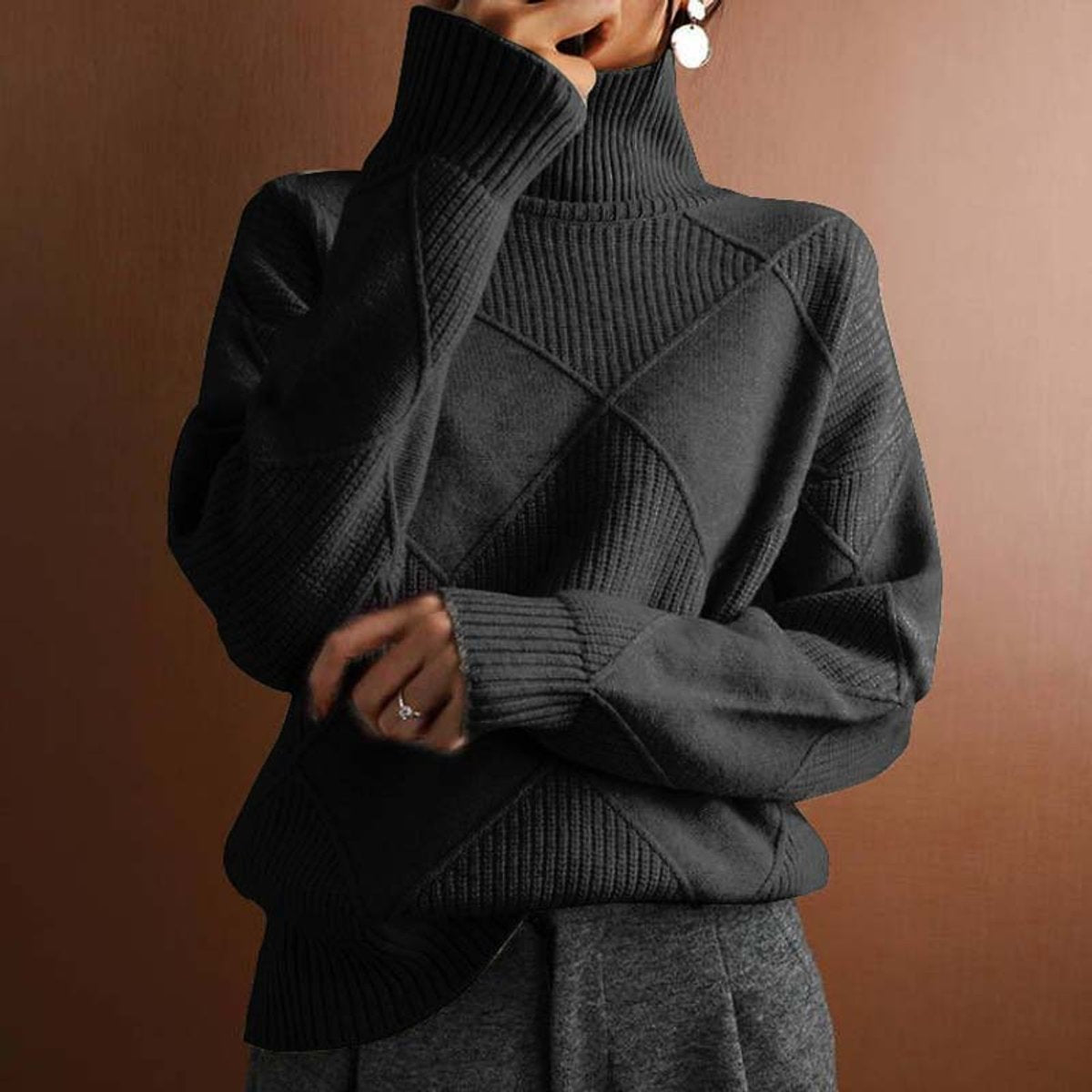 Lena | Damen Turtleneck Sweater Oversized Strickpullover mit Rautenmuster