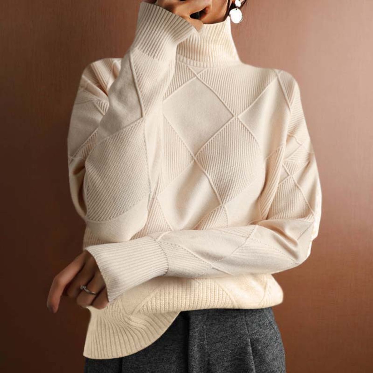 Lena | Damen Turtleneck Sweater Oversized Strickpullover mit Rautenmuster