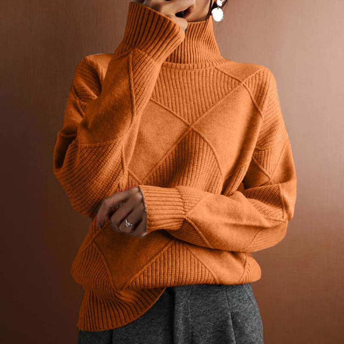 Lena | Damen Turtleneck Sweater Oversized Strickpullover mit Rautenmuster