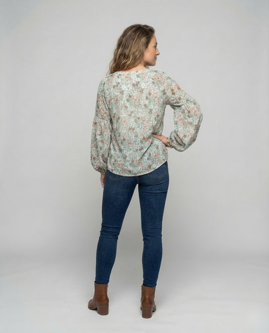 Damen V-Ausschnitt Bluse mit Blumenmuster und langen Ärmeln