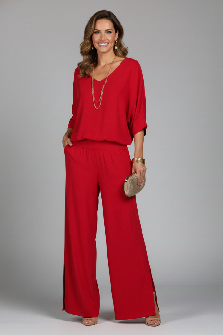 Damen V-Ausschnitt Oberteil und Weite Hose Set