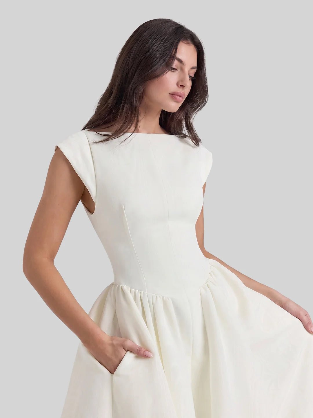 Marlene | Damen Vintage Bateau-Ausschnitt Satin Midi Kleid mit Tellerrock
