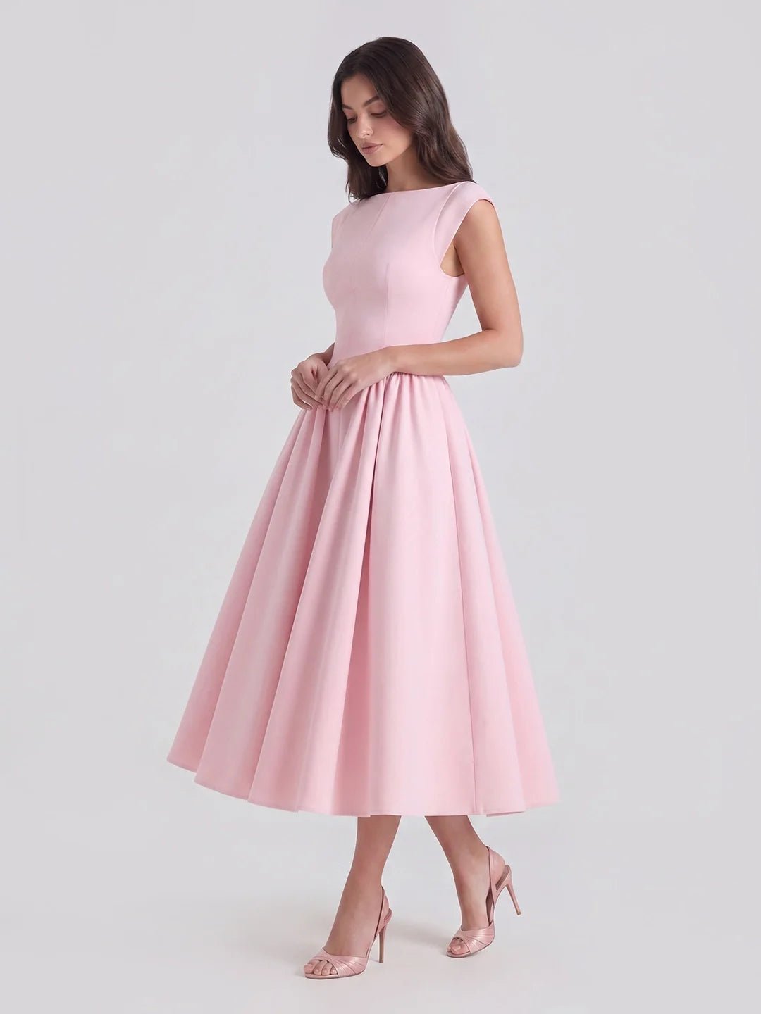Marlene | Damen Vintage Bateau-Ausschnitt Satin Midi Kleid mit Tellerrock